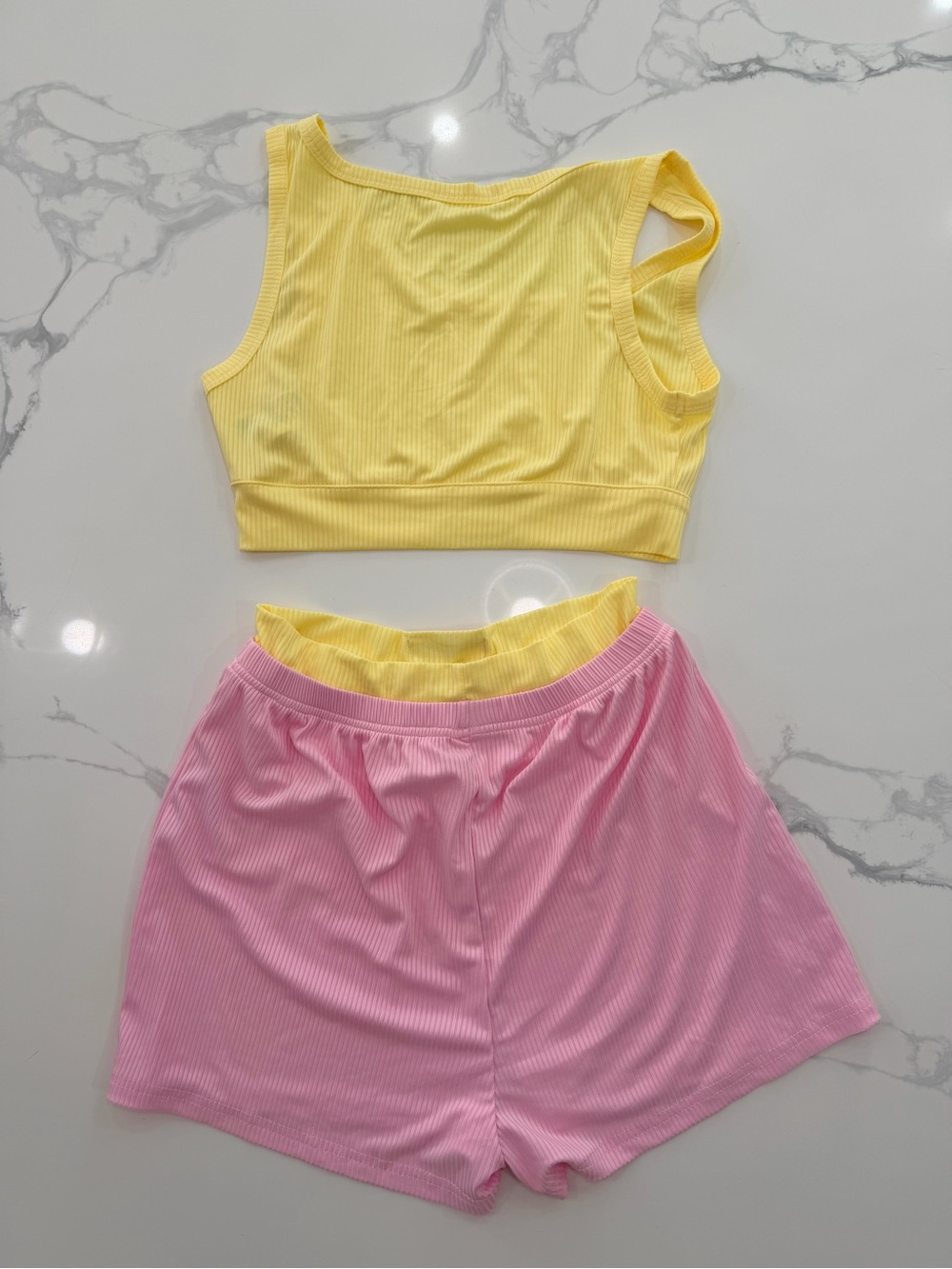 SHEIN Yellow/Pink Ribbed Shorts Pajama